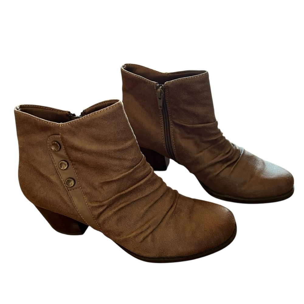 Baretraps Women's Size 8 Riviera Ankle Booties Brown Gray Scrunched Buttons